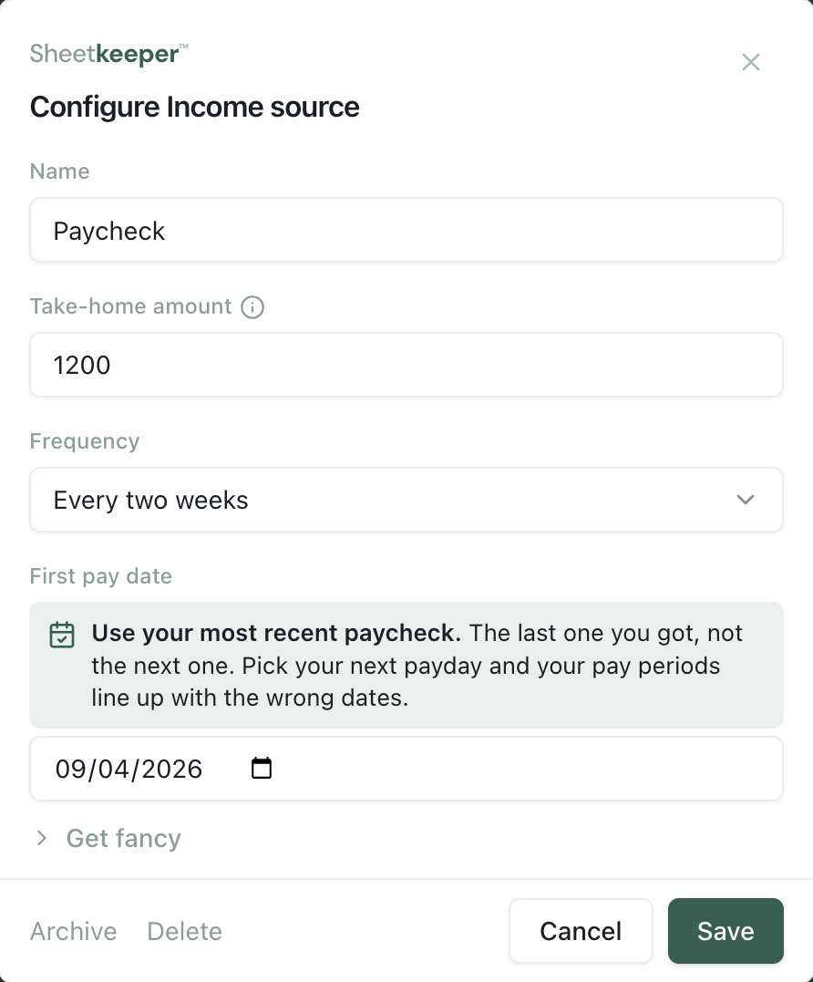 Sheetkeeper's income form: a name, the take-home amount, how often you are paid, and the first pay date.