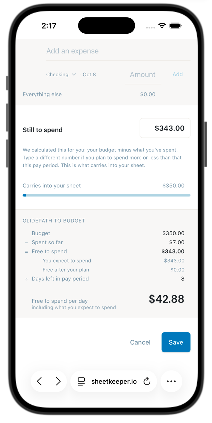 The same tracker further down: $343 still to spend, 8 days left in the pay period, and $42.88 free to spend per day.