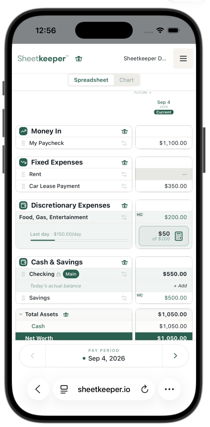 Sheetkeeper on a phone, showing the current pay period.